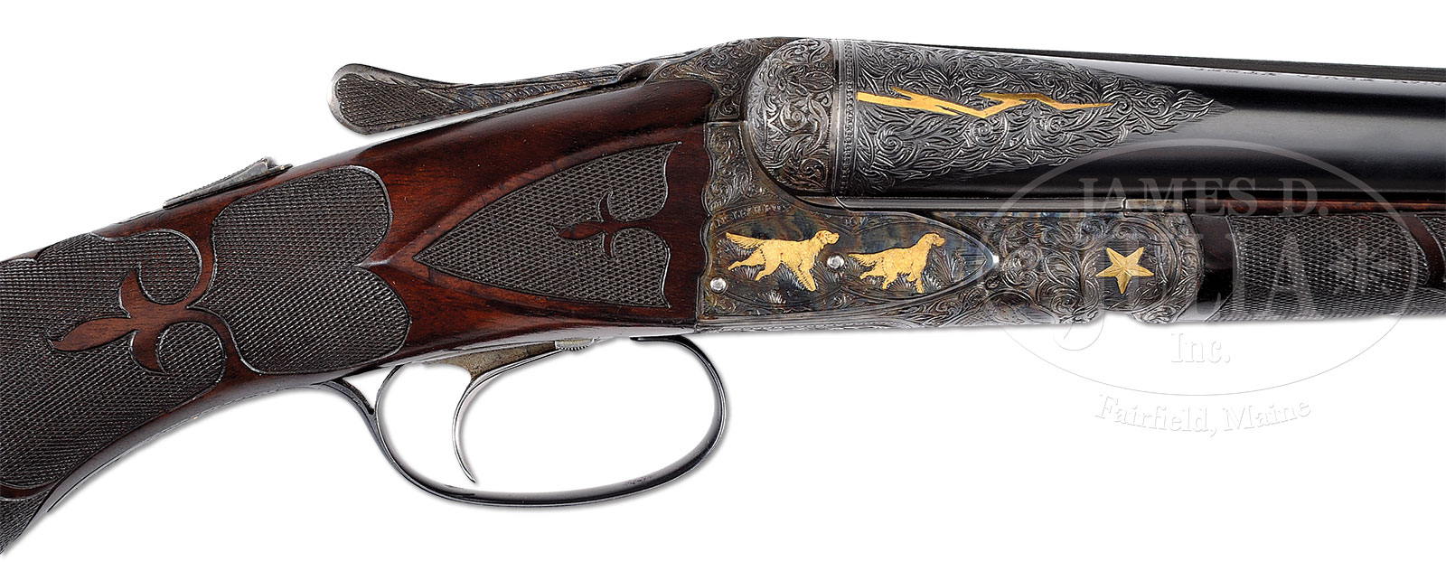 EXTREMELY RARE A. H. FOX “FE” SHOTGUN WITH DOUBLE DOG GOLD INLAYS, USED BY FOX AS AN “EXHIBITION” GUN WITH CLARK LETTER.