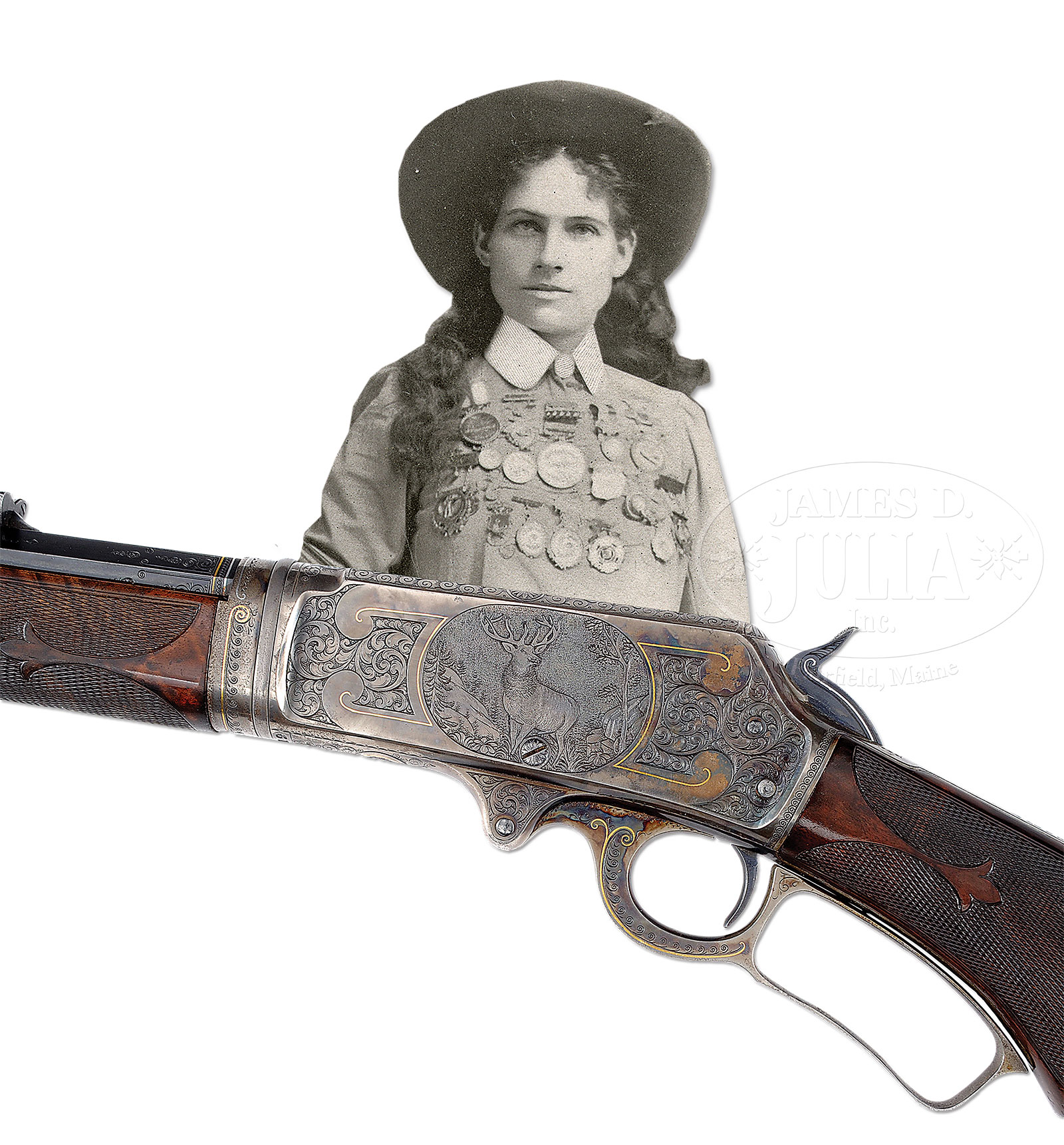 EXTRAORDINARY MARLIN ENGRAVED 1893 TAKEDOWN LEVER ACTION RIFLE WITH GOLD & PLATINUM INLAID DESIGN PRESENTED BY MARLIN TO ANNIE OAKLEY.