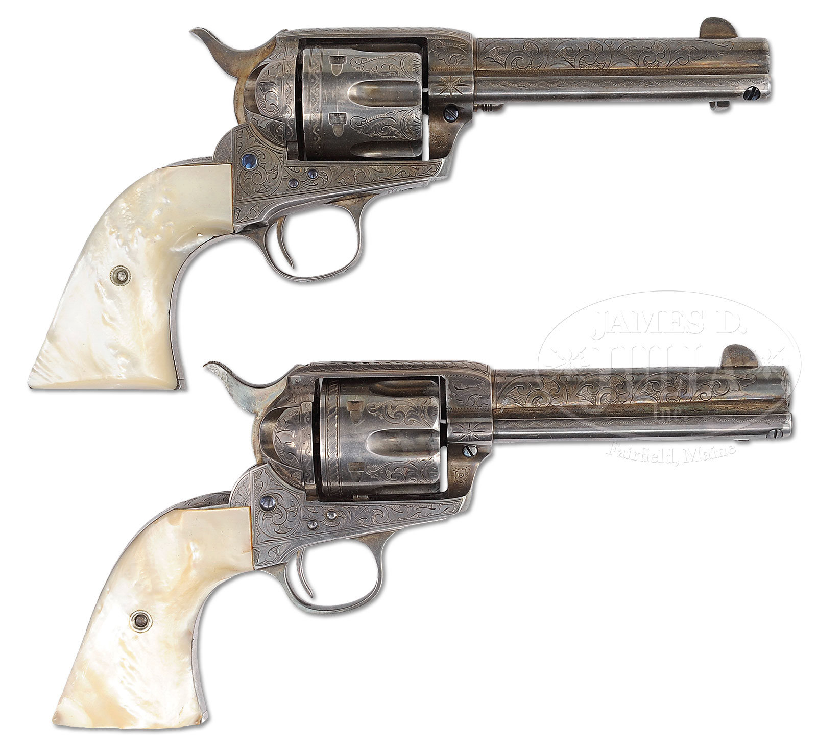 PAIR OF EXTRAORDINARILY RARE & DESIRABLE FULLY FACTORY LETTERED ENGRAVED & INSCRIBED SILVER PLATED COLT SINGLE ACTION ARMY REVOLVERS.