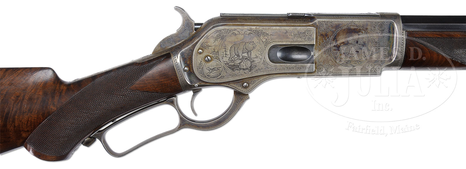 EXTRAORDINARY DELUXE JOHN ULRICH ENGRAVED WINCHESTER MODEL 1876 LEVER ACTION RIFLE, IDENTIFIED TO FAMED SPORTSMAN COL. ARCHIBALD ROGERS WITH FACTORY LETTER.