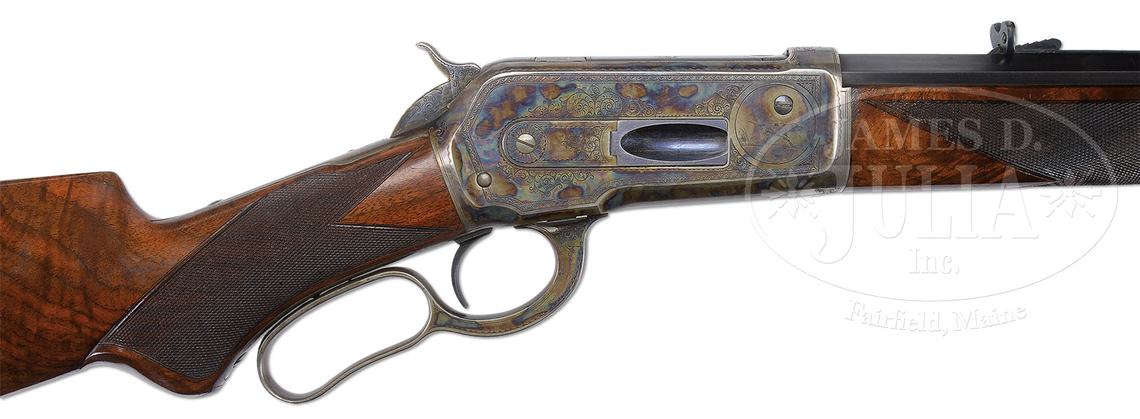 SPECTACULAR WINCHESTER MODEL 1886 DELUXE FACTORY ENGRAVED AND INSCRIBED RIFLE WITH FACTORY LETTER.
