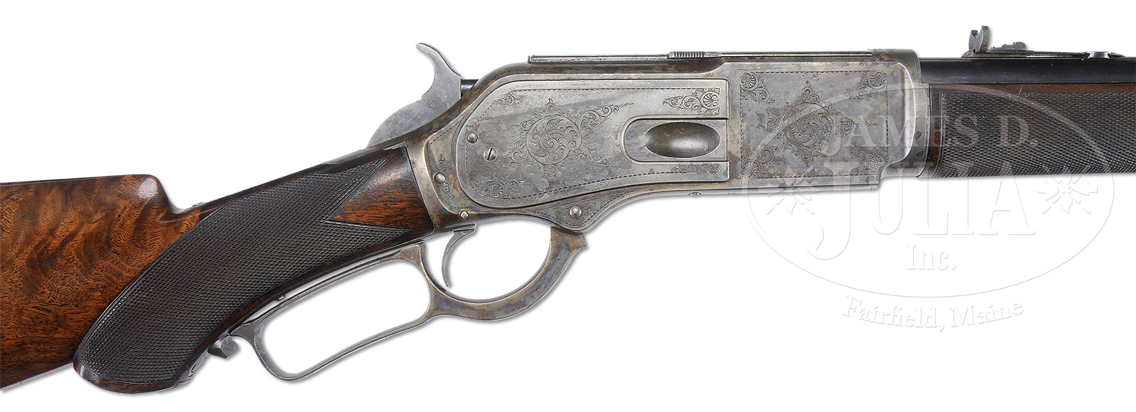 SENSATIONAL BRITISH PROOFED WINCHESTER MODEL 1876 DELUXE ENGRAVED SHORT RIFLE WITH FACTORY LETTER.