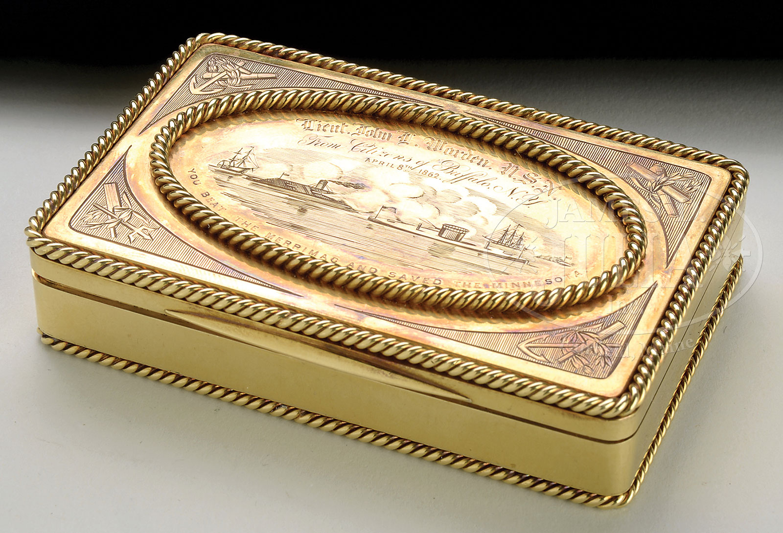 SOLID GOLD TIFFANY PRESENTATION SNUFF BOX PRESENTED BY THE CITIZENS OF BUFFALO TO LT. JOHN WORDEN, HERO OF THE VICTORY OF THE MONITOR OVER THE MERRIMAC