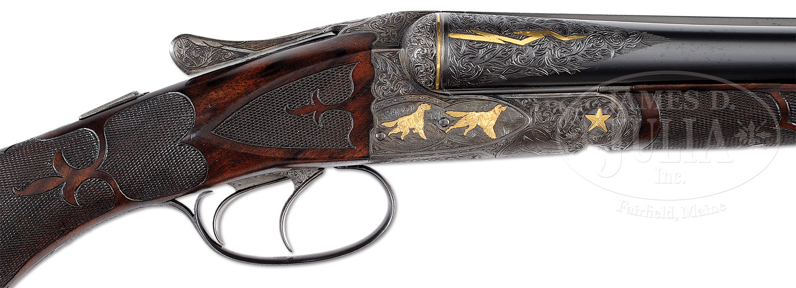 EXCEPTIONALLY RARE (ONE OF THREE) AND EXTREMELY FINE 20 BORE A. H. FOX “FE” SHOTGUN WITH SPECIAL GOLD INLAYS WITH CALLAHAN LETTER.