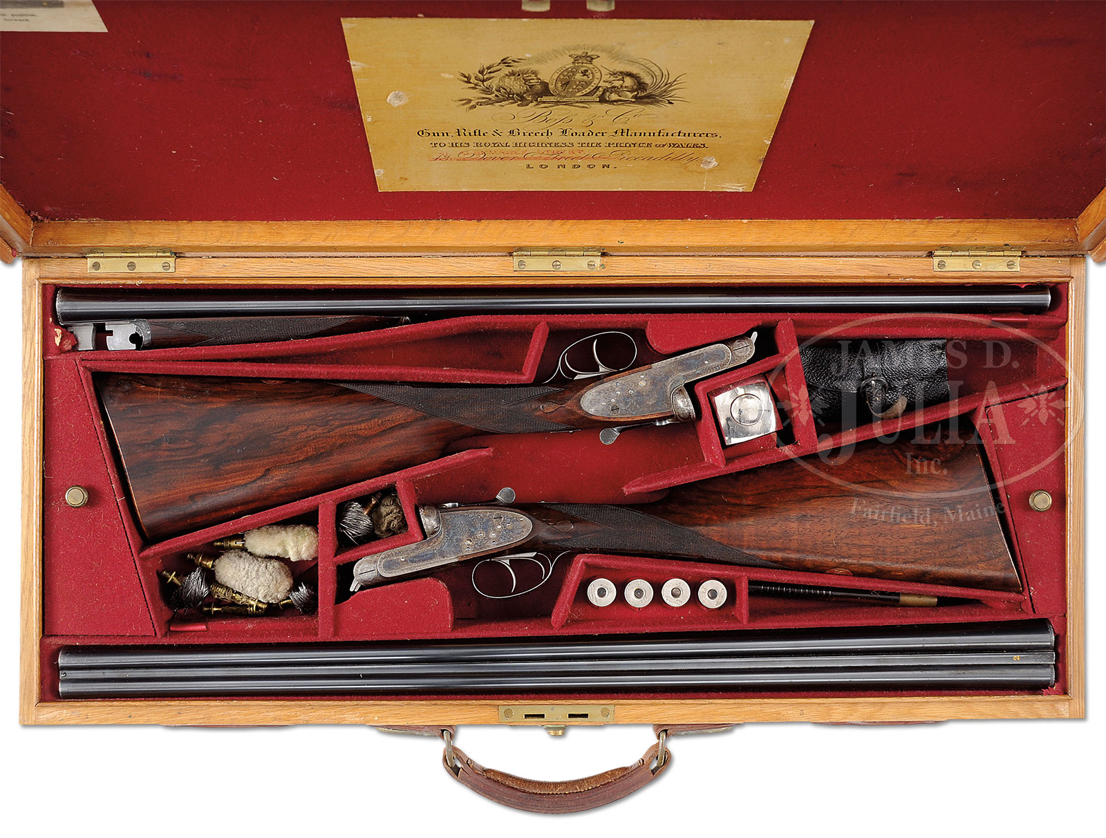 TRULY SUPERB, AS FOUND, HIGH ORIGINAL CONDITION, LIGHTWEIGHT PAIR OF 16 GAUGE “GOLDEN AGE” BOSS SIDELOCK EJECTOR DOUBLE TRIGGER LIGHT GAME SHOTGUNS MADE FOR MRS. DODGE SLOAN, HEIRESS, SOCIALITE, SPORTS WOMAN, AND OWNER OF A MAJOR HORSE RACING STABLE, WITH ORIGINAL CASE AND ACCESSORIES.