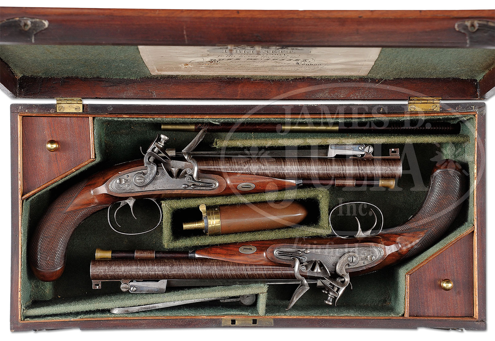 SUPERB CONDITION SPLENDID CASED PAIR OF LARGE DOUBLE BARRELLED FLINTLOCK CARRIAGE PISTOLS WITH SPRING LOADED BAYONETS BY ISAAC BLISSETT.