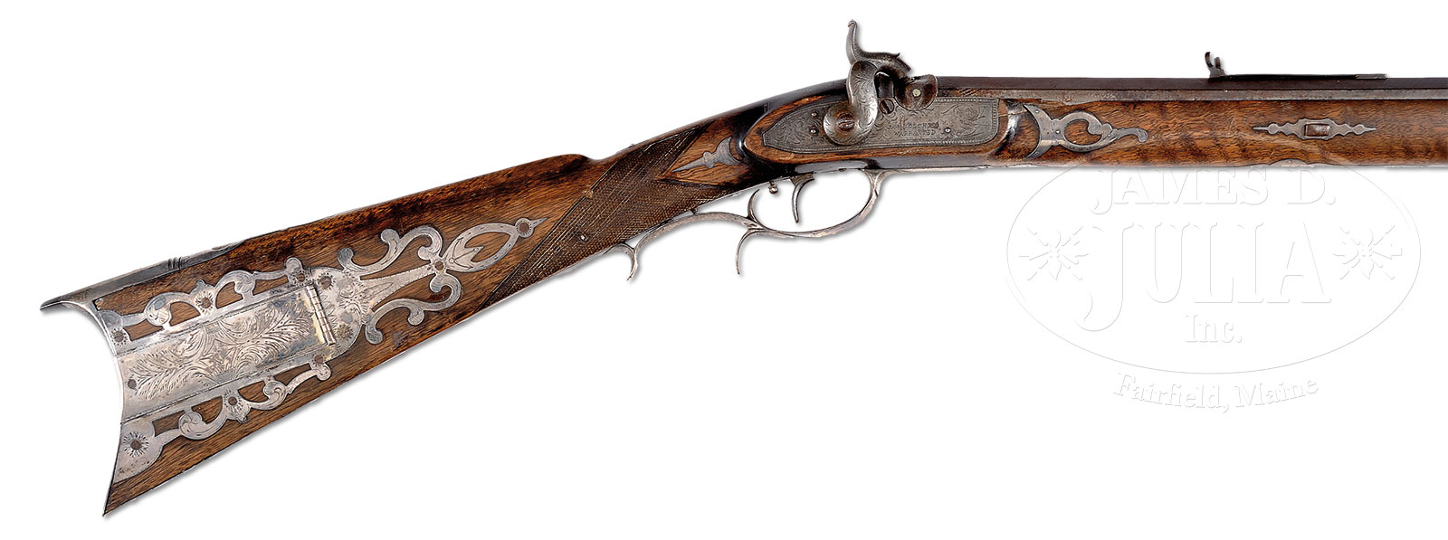 ICONIC AND HISTORIC SILVER MOUNTED HAWKEN RIFLE OF GEORGE W. ATCHISON, ST. LOUIS, MO, 1836.