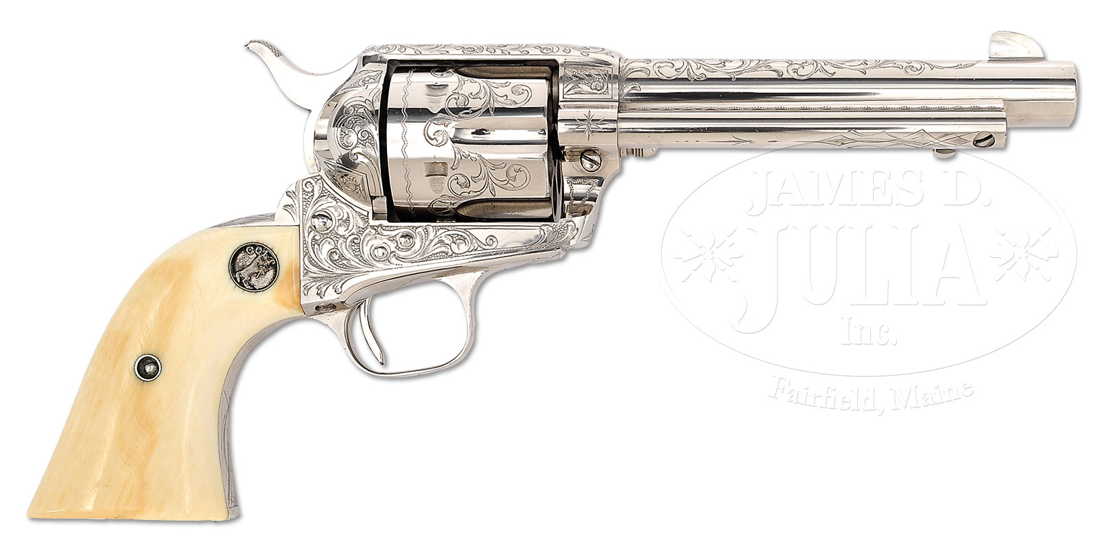 EXTREMELY RARE TRANSITIONAL COLT SINGLE ACTION ARMY REVOLVER IN A SCARCE CALIBER FACTORY ENGRAVED BY WILBUR GLAHN WITH IVORY GRIPS AND FACTORY LETTER.