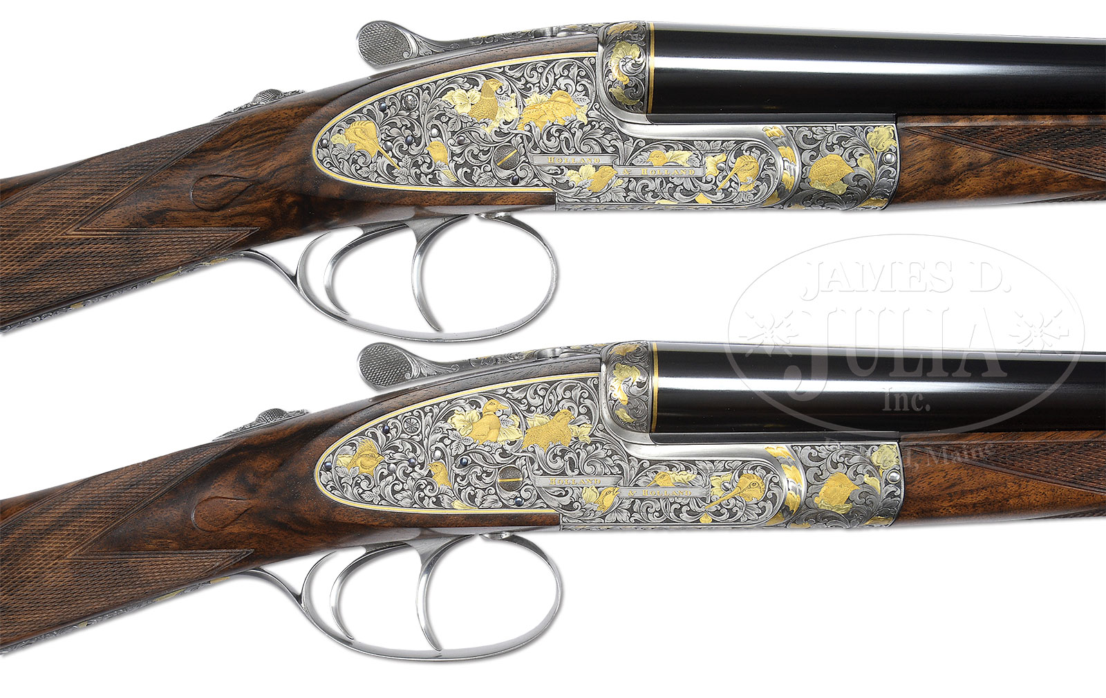 STUNNING BEAUTIFULLY MATCHED PAIR OF 28 GAUGE HOLLAND & HOLLAND “ROYAL DELUXE” SHOTGUNS WITH SUPERBLY RENDERED DRAMATIC SCROLL AND FINELY DETAILED TWO-COLOR GOLD INLAYS BY SIMON COGGAN, WITH CUSTOM FACTORY CASE.