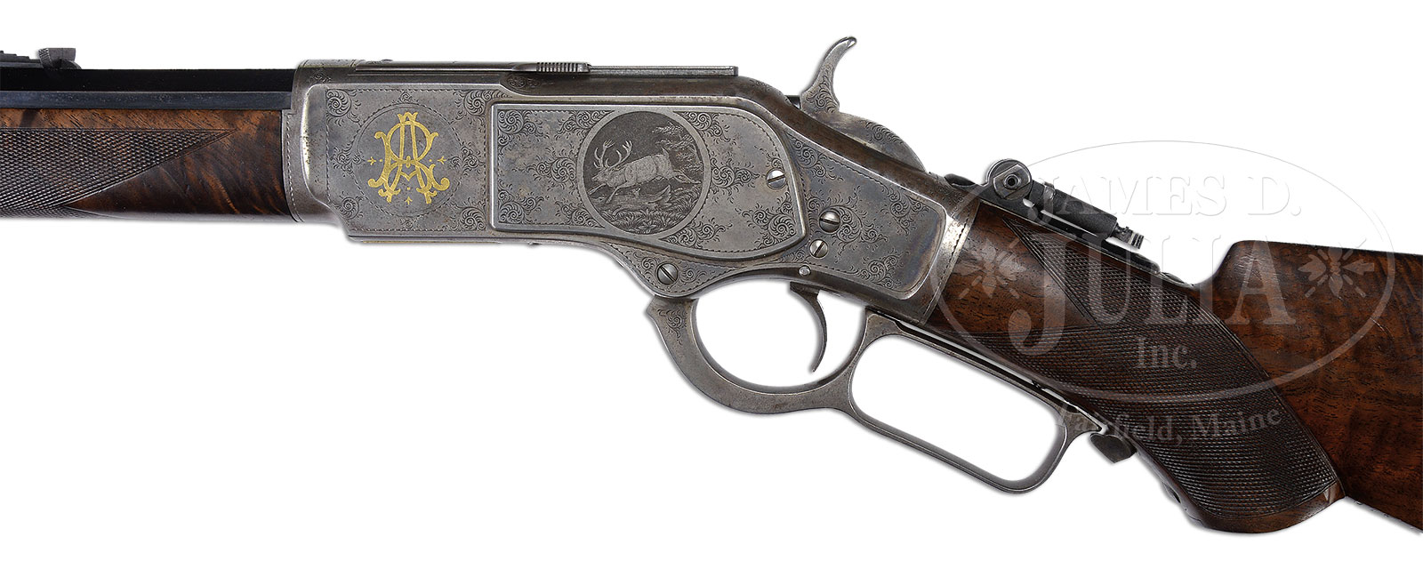 EXTRAORDINARILY RARE JOHN ULRICH ENGRAVED GOLD INLAID WINCHESTER 2nd MODEL 1873 DELUXE LEVER ACTION RIFLE, IDENTIFIED TO FAMED SPORTSMAN COL. ARCHIBALD ROGERS WITH FACTORY LETTER.