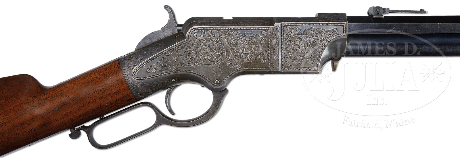 FANTASTIC EARLY HOGGSON ENGRAVED AND SILVER-PLATED HENRY RIFLE WITH DELUXE WOOD.