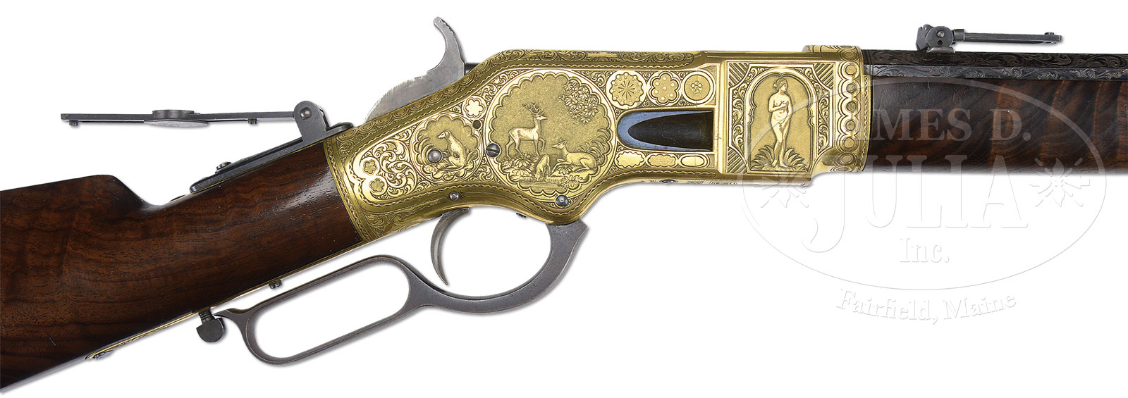 POSSIBLY CONRAD ULRICH’S GREATEST MASTERPIECE AND A LEGENDARY WINCHESTER COLLECTOR’S ICON FOR NEARLY HALF A CENTURY IS THE MAGNIFICENT GILDED HIGH RELIEF ENGRAVED AND FULLY SIGNED WINCHESTER MODEL 1866 LEVER ACTION RIFLE.