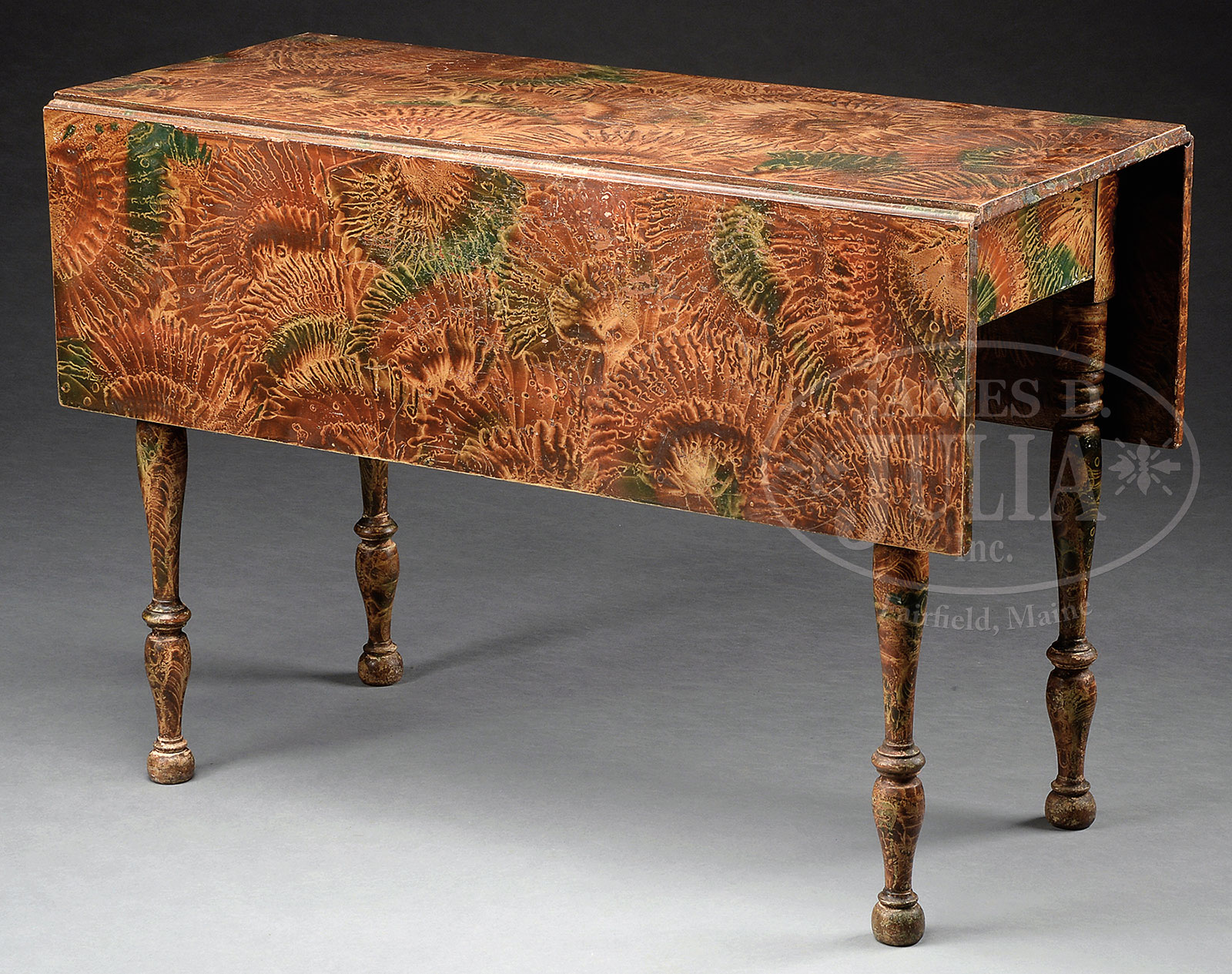SPECTACULAR AND RARE VINEGAR PAINT DECORATED DROP-LEAF TABLE.