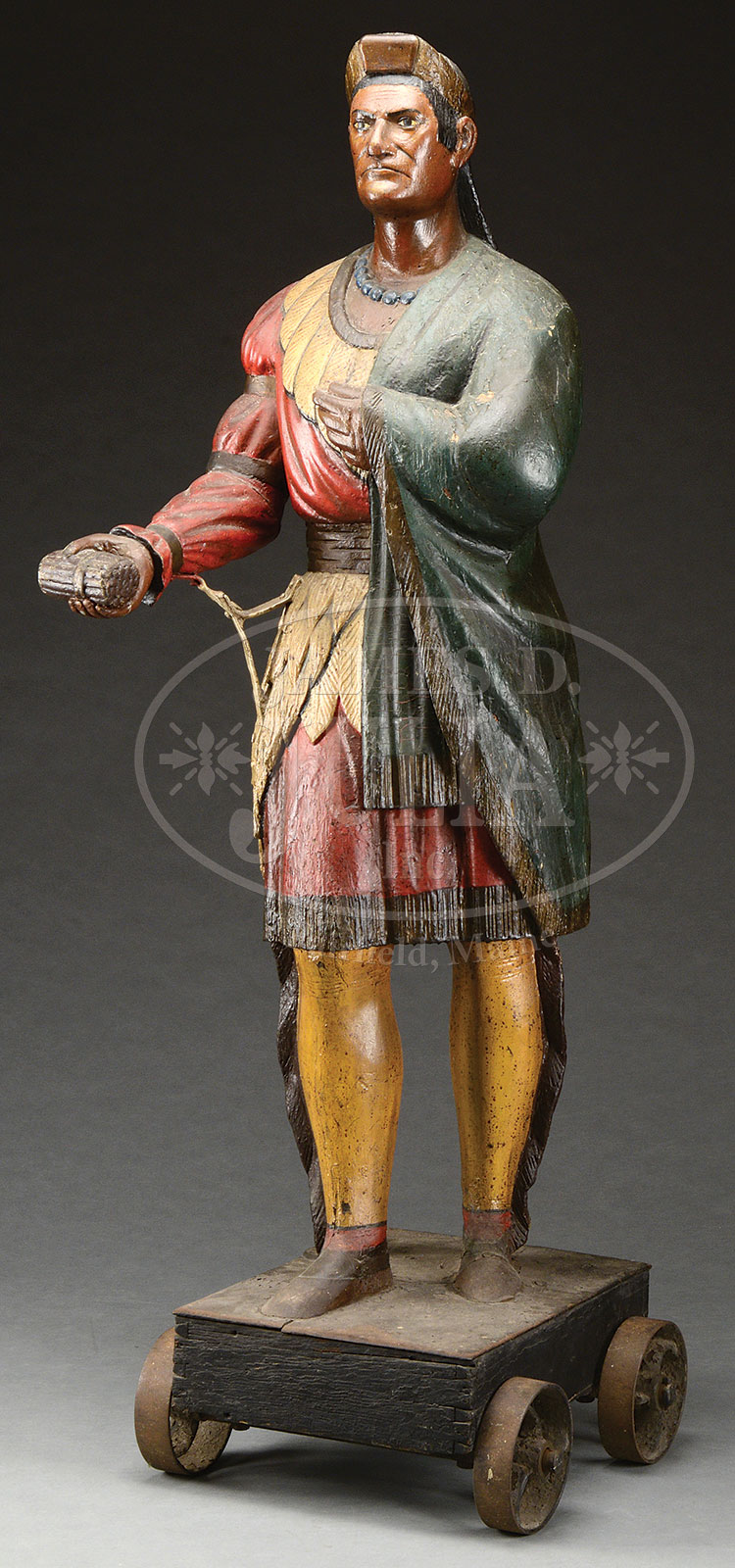 IMPORTANT CARVED AND POLYCHROME PAINTED TOBACCONIST FIGURE OF NATIVE AMERICAN MAN, ATTRIBUTED TO THOMAS BROOKS.